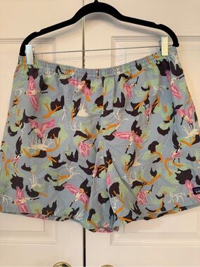 Patagonia Light Blue Swim Trunks with Pink & Orange Bird Print
